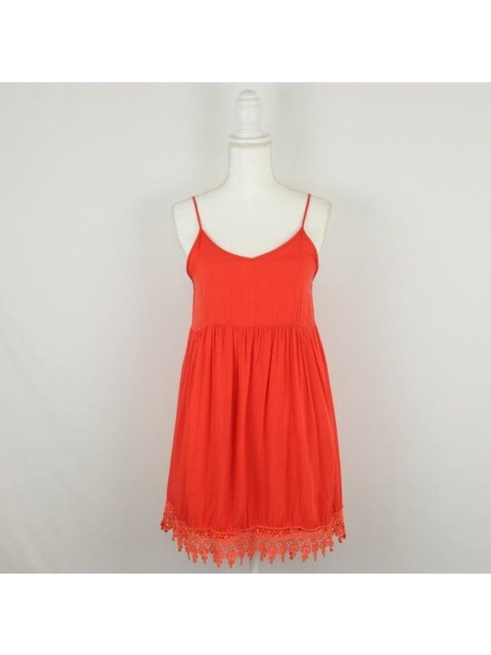 Entro Women's Large Orange Woven Spaghetti Strap Lace Trim Mini Sun Dress